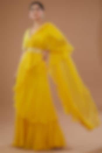 Yellow Chiffon Pre-Stitched Saree Set by Yashodhara