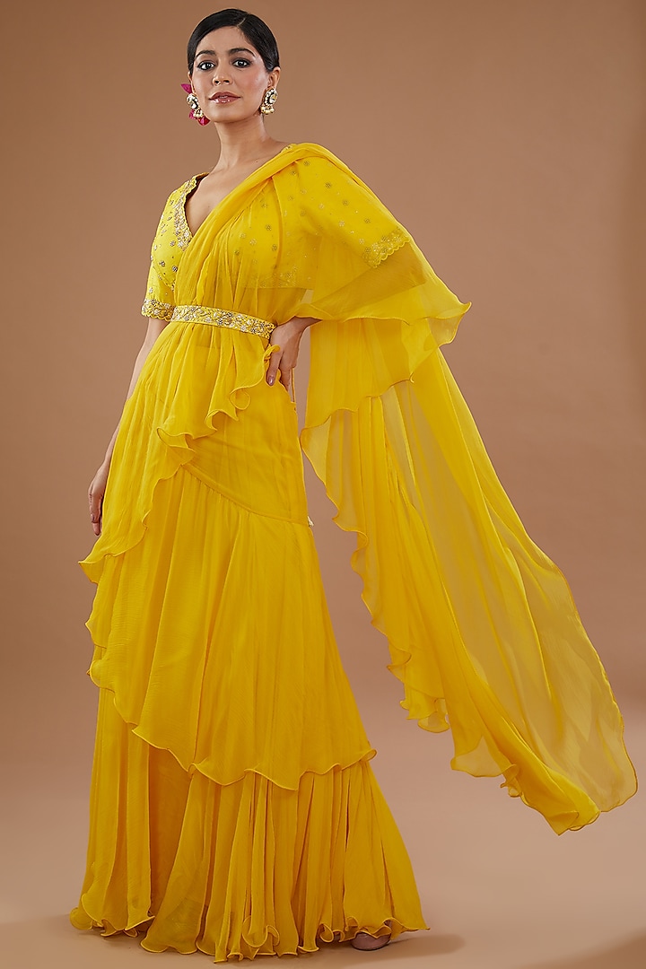 Yellow Chiffon Pre-Stitched Saree Set by Yashodhara