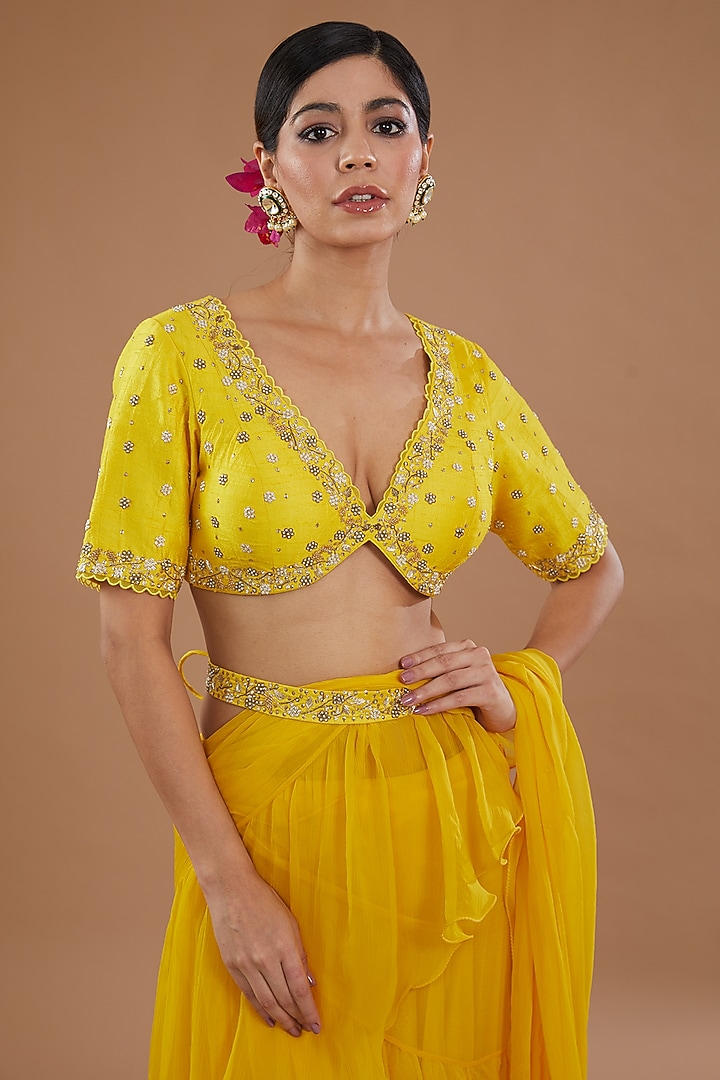 Yellow Chiffon Pre-Stitched Wedding Saree Set by Yashodhara at Pernia's Pop Up Shop