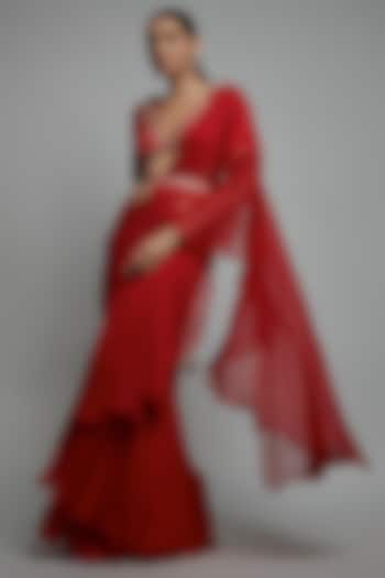 Red Chiffon Pre-Stitched Saree Set by Yashodhara