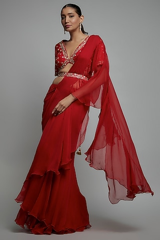 Red Chiffon Pre-Stitched Saree Set by Yashodhara
