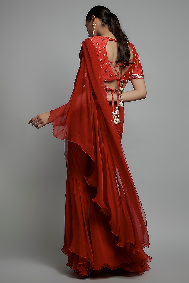 Red Chiffon Pre-Stitched Wedding Saree Set by Yashodhara at Pernia's Pop Up Shop