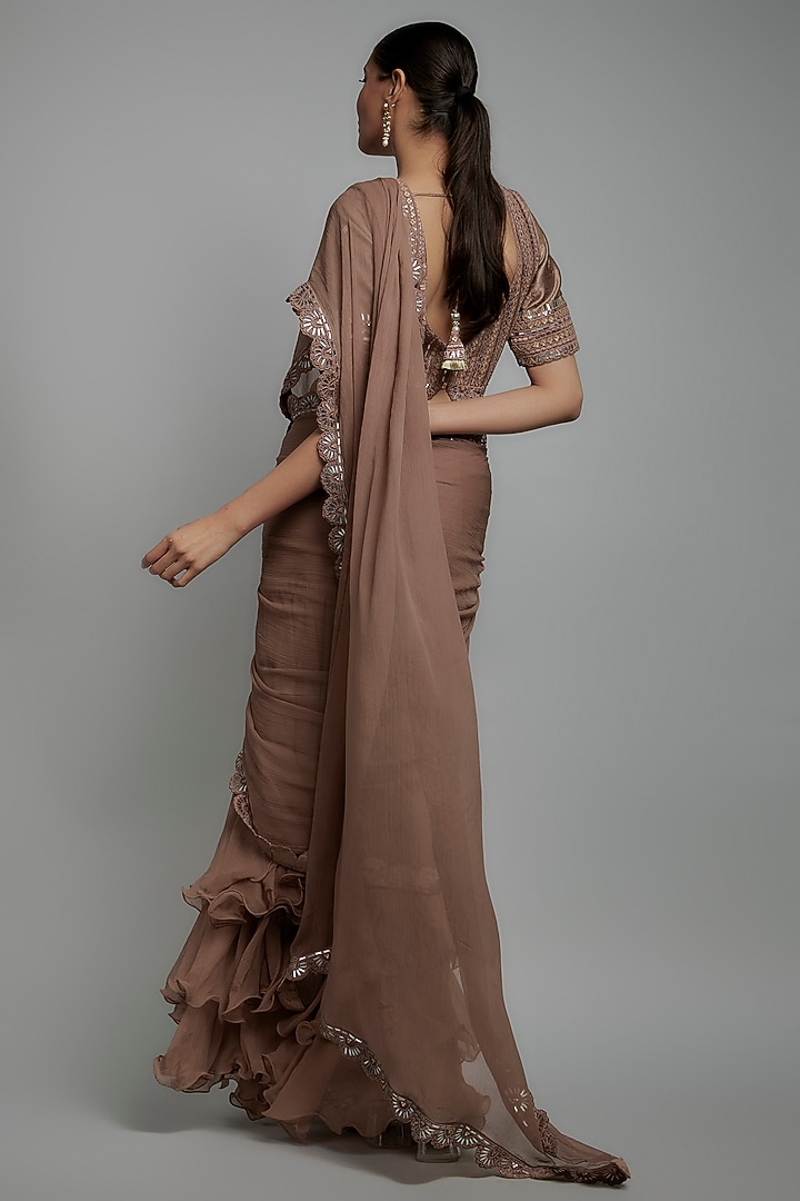 Dull Pink Chiffon Pre-Stitched Wedding Saree Set by Yashodhara at Pernia's Pop Up Shop