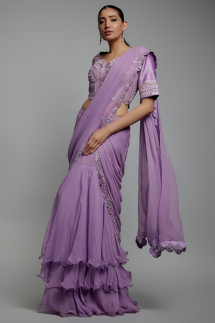 Lilac Chiffon Pre-Stitched Saree Set by Yashodhara