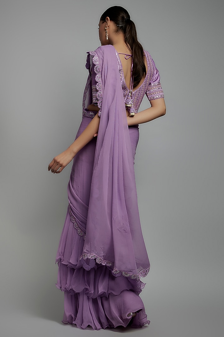 Lilac Chiffon Pre-Stitched Wedding Saree Set by Yashodhara at Pernia's Pop Up Shop