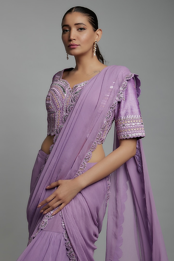 Lilac Chiffon Pre-Stitched Wedding Saree Set by Yashodhara at Pernia's Pop Up Shop