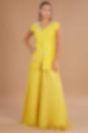 Yellow Raw Silk & Chiffon Stone Embroidered Jacket Set by Yashodhara at Pernia's Pop Up Shop