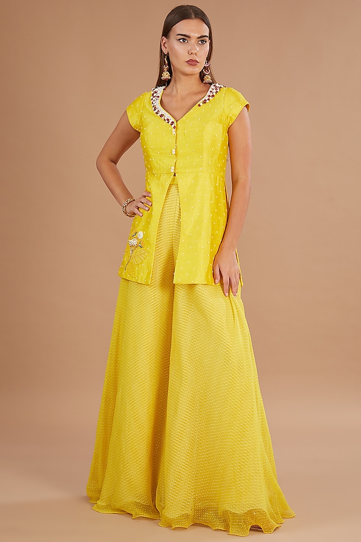 Yellow Raw Silk & Chiffon Stone Embroidered Jacket Set by Yashodhara at Pernia's Pop Up Shop