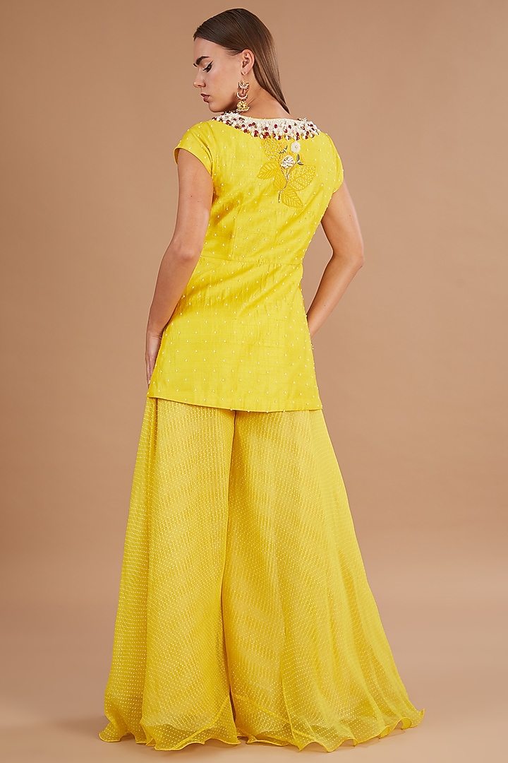 Yellow Raw Silk & Chiffon Stone Embroidered Jacket Set by Yashodhara at Pernia's Pop Up Shop