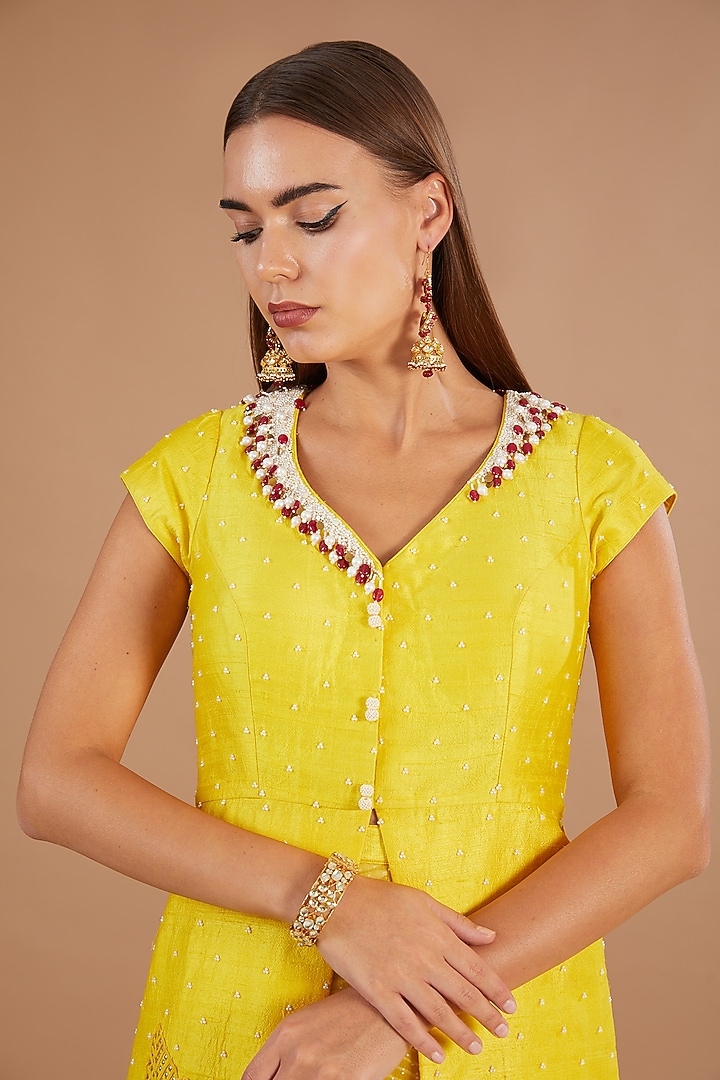 Yellow Raw Silk & Chiffon Stone Embroidered Jacket Set by Yashodhara at Pernia's Pop Up Shop