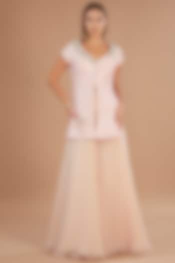 Pink Raw Silk & Chiffon Stone Embroidered Jacket Set by Yashodhara at Pernia's Pop Up Shop