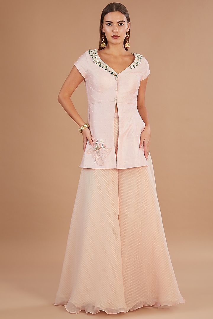 Pink Raw Silk & Chiffon Stone Embroidered Jacket Set by Yashodhara at Pernia's Pop Up Shop