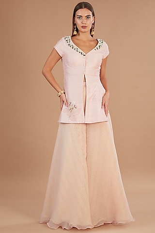 Pink Raw Silk & Chiffon Stone Embroidered Jacket Set by Yashodhara