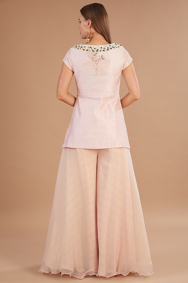 Pink Raw Silk & Chiffon Stone Embroidered Jacket Set by Yashodhara at Pernia's Pop Up Shop