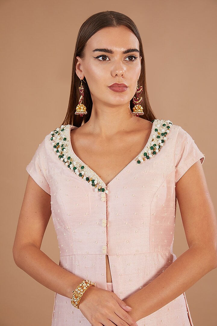 Pink Raw Silk & Chiffon Stone Embroidered Jacket Set by Yashodhara at Pernia's Pop Up Shop