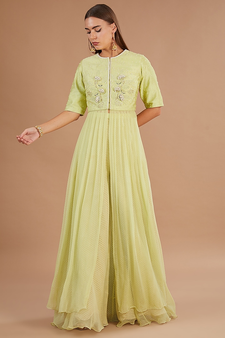Jade Green Raw Silk & Chiffon Embroidered Wedding Anarkali Set by Yashodhara at Pernia's Pop Up Shop