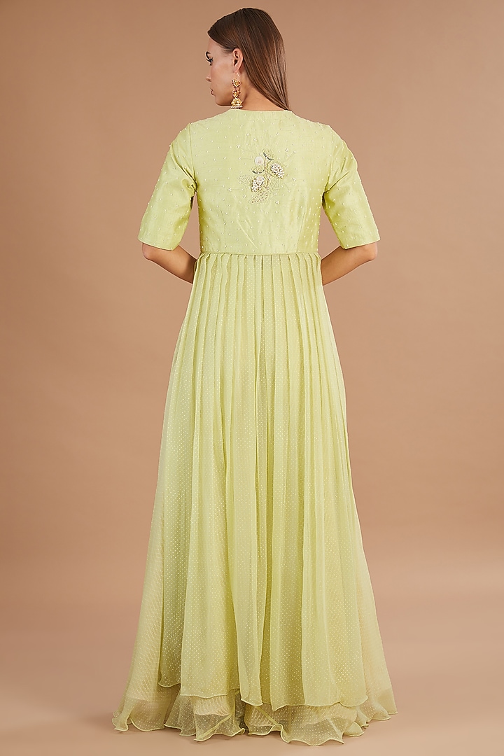 Jade Green Raw Silk & Chiffon Embroidered Wedding Anarkali Set by Yashodhara at Pernia's Pop Up Shop
