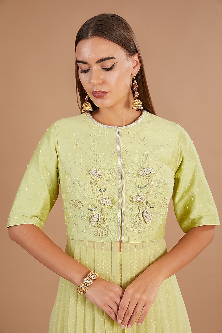 Jade Green Raw Silk & Chiffon Embroidered Wedding Anarkali Set by Yashodhara at Pernia's Pop Up Shop