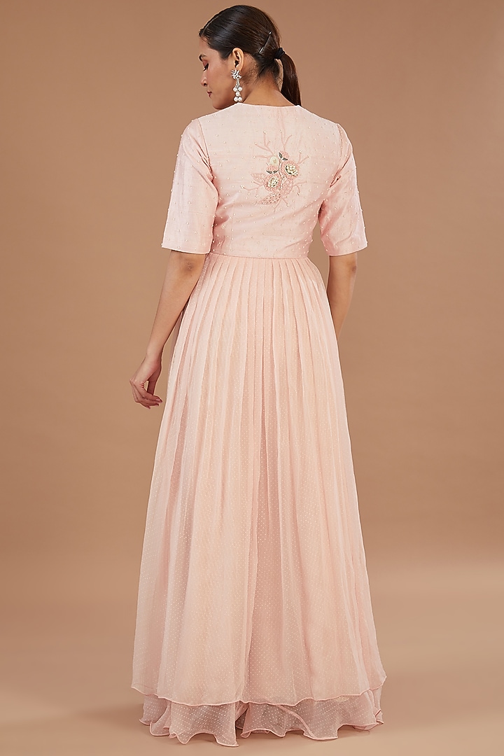Pink Raw Silk & Chiffon Embroidered Wedding Anarkali Set by Yashodhara at Pernia's Pop Up Shop