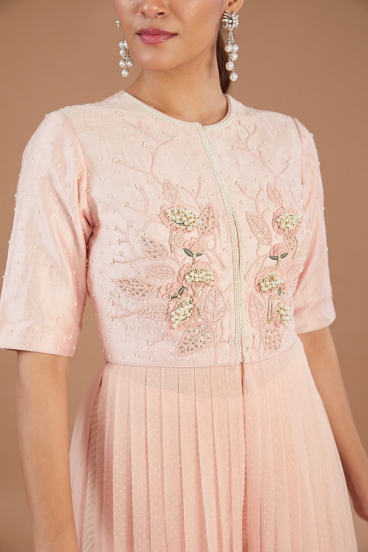 Pink Raw Silk & Chiffon Embroidered Wedding Anarkali Set by Yashodhara at Pernia's Pop Up Shop