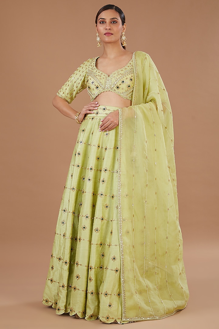 Jade Green & Golden Raw Silk Embroidered Bridal Lehenga Set  by Yashodhara at Pernia's Pop Up Shop