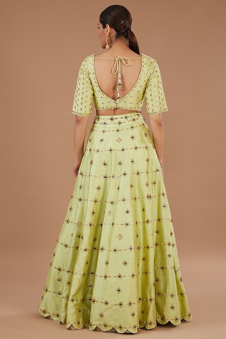 Jade Green & Golden Raw Silk Embroidered Bridal Lehenga Set by Yashodhara at Pernia's Pop Up Shop