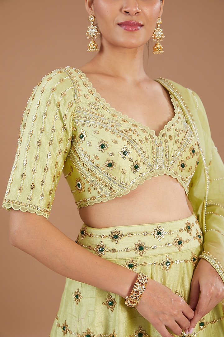Jade Green & Golden Raw Silk Embroidered Bridal Lehenga Set by Yashodhara at Pernia's Pop Up Shop