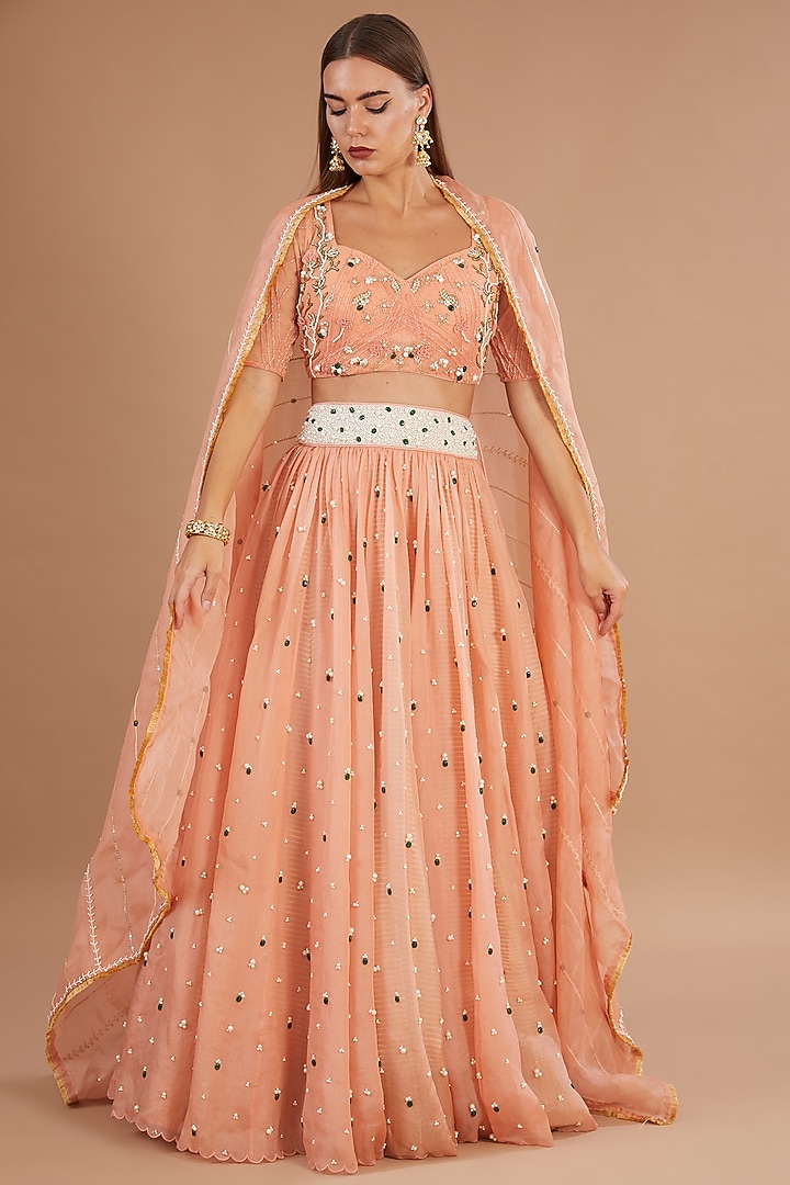 Brick Organza Stone Embroidered Bridal Lehenga Set by Yashodhara at Pernia's Pop Up Shop