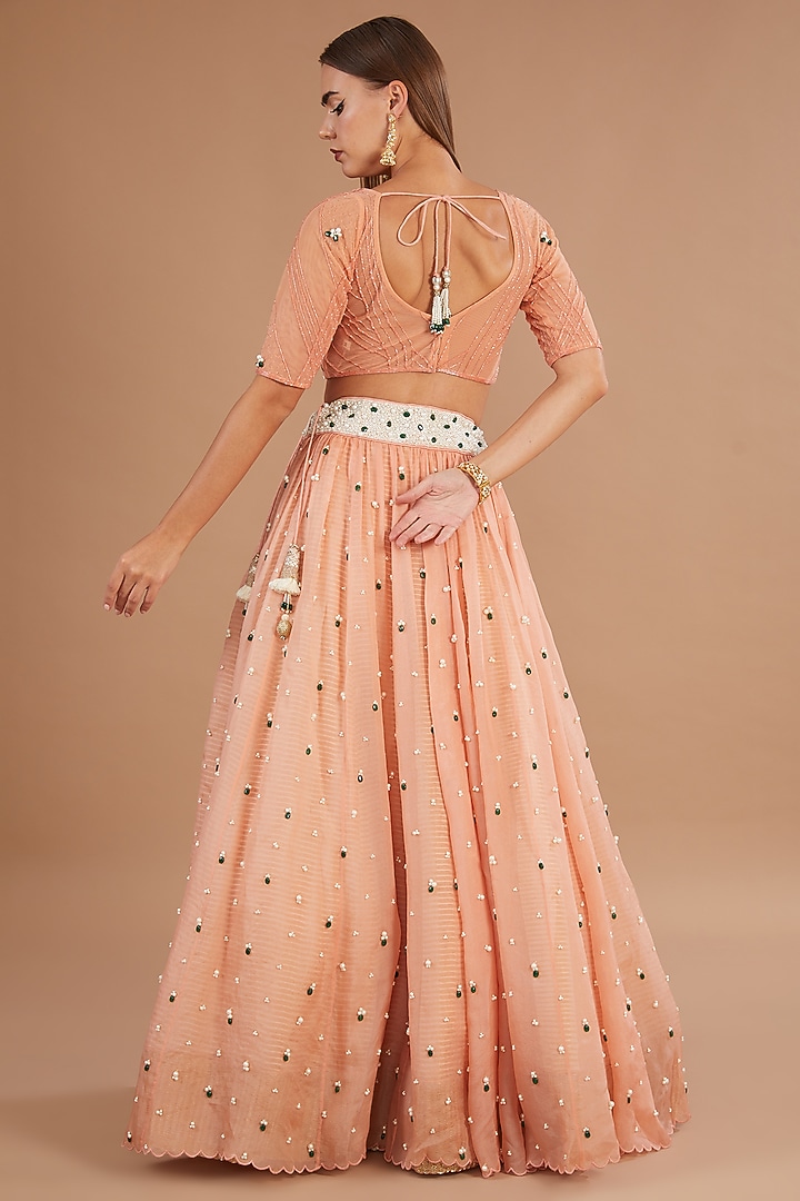 Brick Organza Stone Embroidered Bridal Lehenga Set by Yashodhara at Pernia's Pop Up Shop