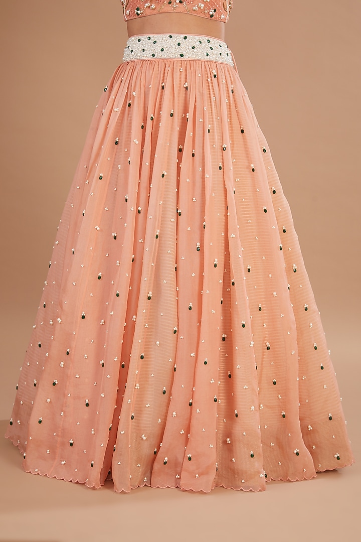 Brick Organza Stone Embroidered Bridal Lehenga Set by Yashodhara at Pernia's Pop Up Shop