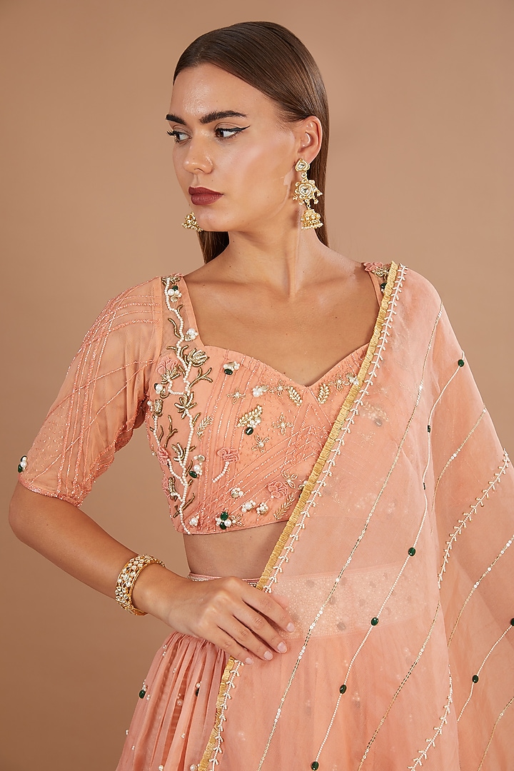 Brick Organza Stone Embroidered Bridal Lehenga Set by Yashodhara at Pernia's Pop Up Shop