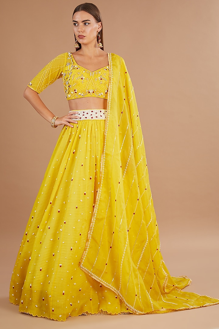 Yellow Organza Stone Embroidered Bridal Lehenga Set by Yashodhara at Pernia's Pop Up Shop