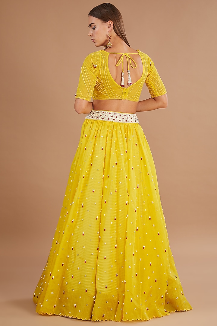 Yellow Organza Stone Embroidered Bridal Lehenga Set by Yashodhara at Pernia's Pop Up Shop
