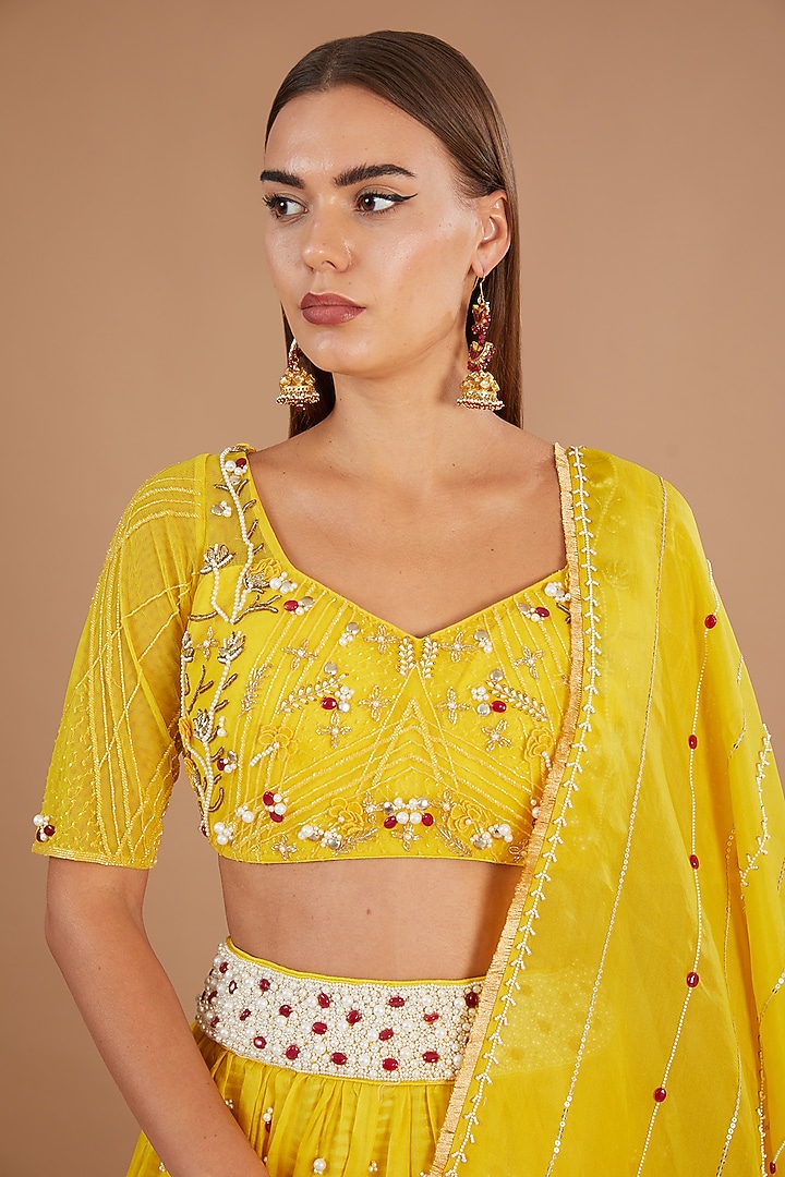Yellow Organza Stone Embroidered Bridal Lehenga Set by Yashodhara at Pernia's Pop Up Shop