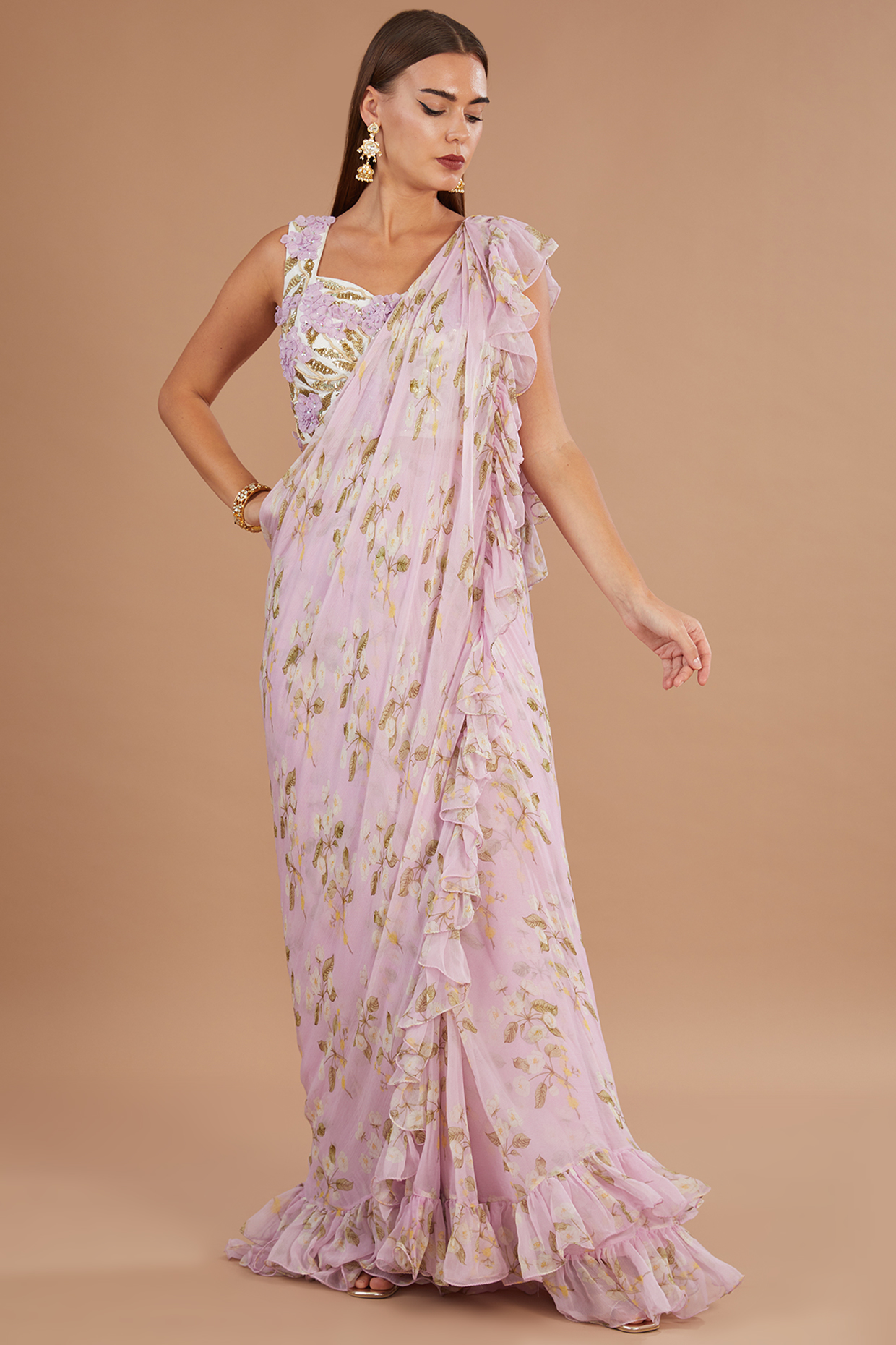 Lilac Chiffon Printed Pre-Stitched Frilled Wedding Saree Set by Yashodhara at Pernia's Pop Up Shop