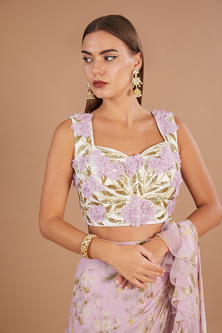 Lilac Chiffon Printed Pre-Stitched Frilled Wedding Saree Set by Yashodhara at Pernia's Pop Up Shop