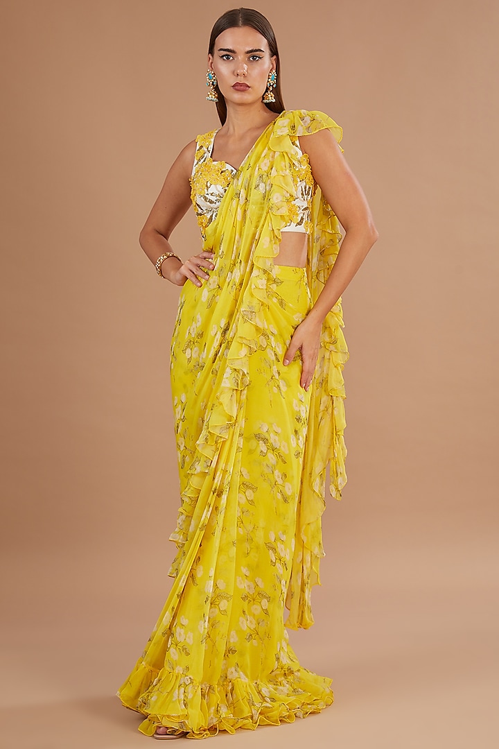 Yellow Chiffon Printed Pre-Stitched Frilled Saree Set by Yashodhara