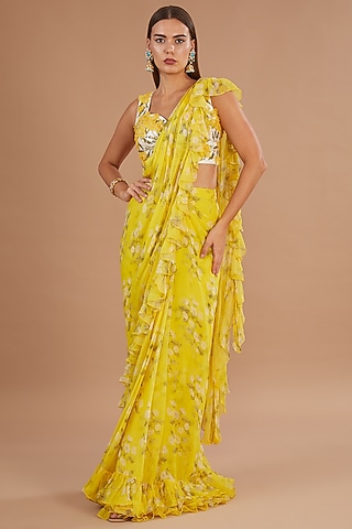 Yellow Chiffon Printed Pre-Stitched Frilled Saree Set by Yashodhara
