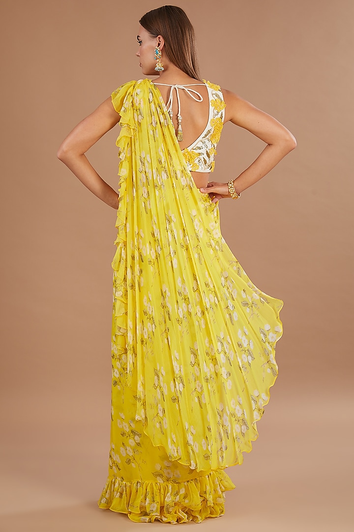 Yellow Chiffon Printed Pre-Stitched Frilled Wedding Saree Set by Yashodhara at Pernia's Pop Up Shop
