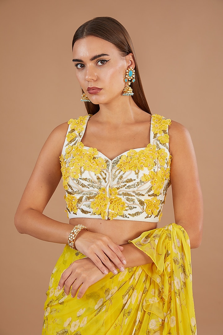 Yellow Chiffon Printed Pre-Stitched Frilled Wedding Saree Set by Yashodhara at Pernia's Pop Up Shop
