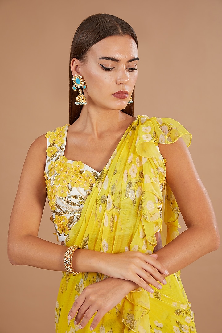 Yellow Chiffon Printed Pre-Stitched Frilled Wedding Saree Set by Yashodhara at Pernia's Pop Up Shop