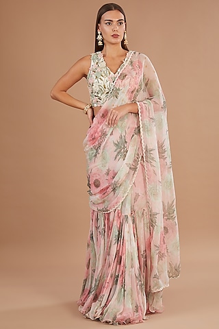 Pink Chiffon Printed Pre-Stitched Frilled Saree Set by Yashodhara