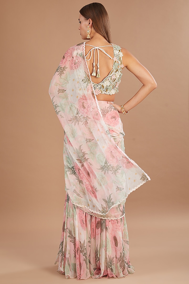 Pink Chiffon Printed Pre-Stitched Frilled Wedding Saree Set by Yashodhara at Pernia's Pop Up Shop