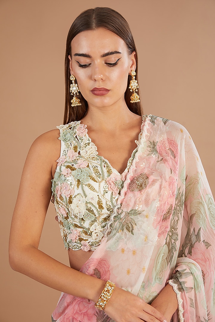 Pink Chiffon Printed Pre-Stitched Frilled Wedding Saree Set by Yashodhara at Pernia's Pop Up Shop