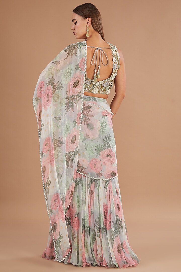 Dull Blue Chiffon Printed Pre-Stitched Frilled Wedding Saree Set by Yashodhara at Pernia's Pop Up Shop