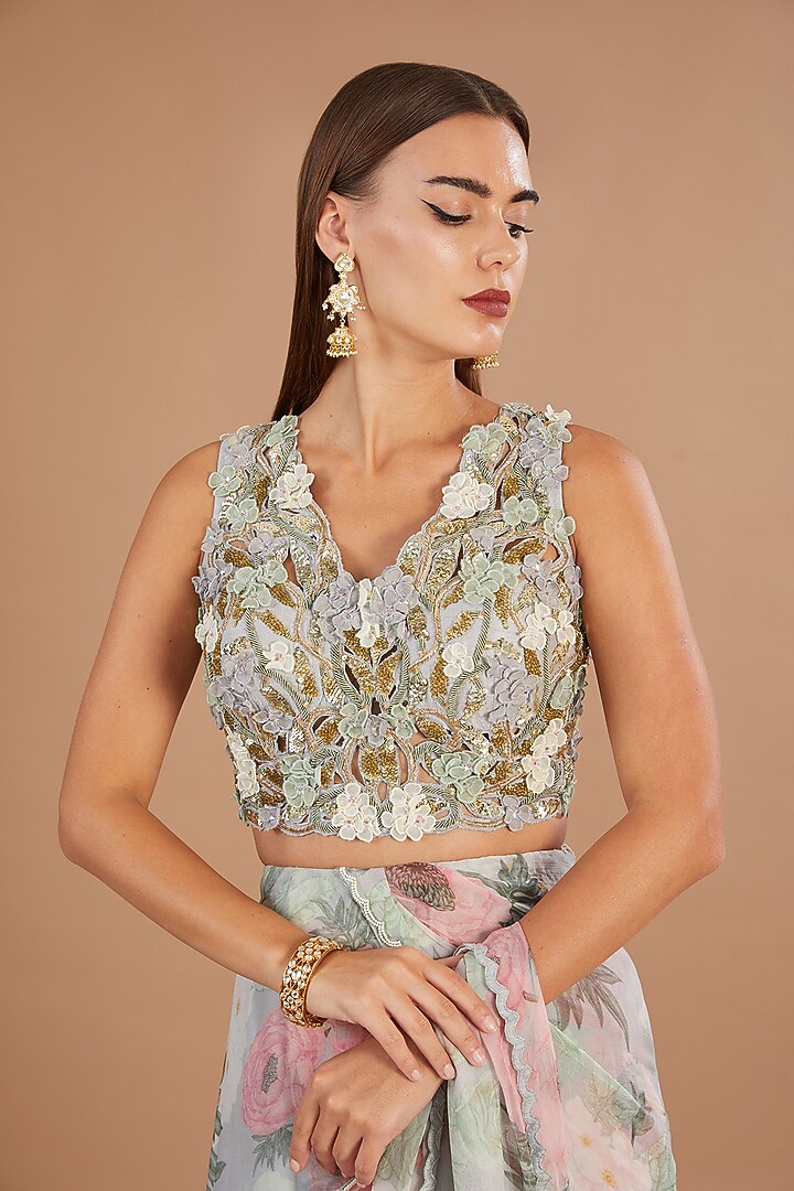Dull Blue Chiffon Printed Pre-Stitched Frilled Wedding Saree Set by Yashodhara at Pernia's Pop Up Shop