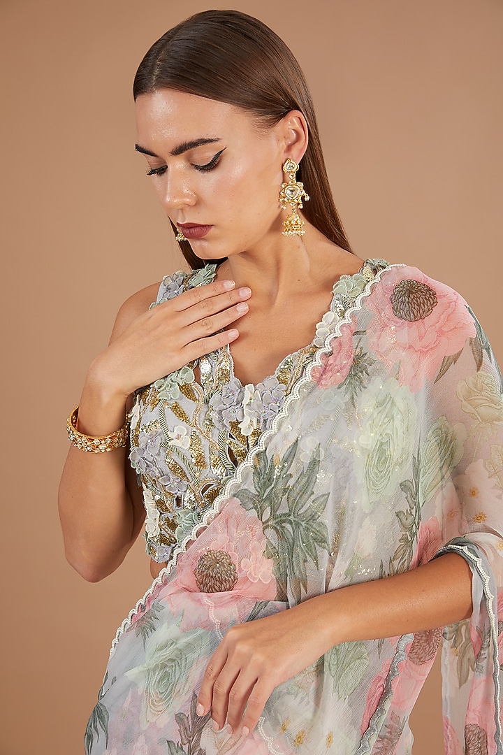 Dull Blue Chiffon Printed Pre-Stitched Frilled Wedding Saree Set by Yashodhara at Pernia's Pop Up Shop