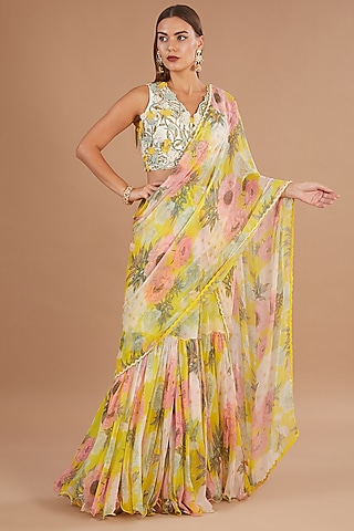 Yellow Chiffon Printed Pre-Stitched Frilled Saree Set by Yashodhara
