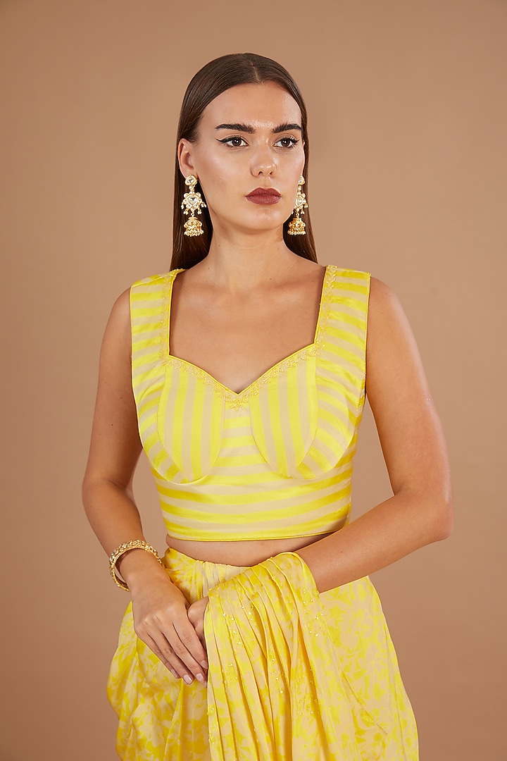 Yellow Chamoise Satin Printed Pre-Stitched Wedding Saree Set by Yashodhara at Pernia's Pop Up Shop