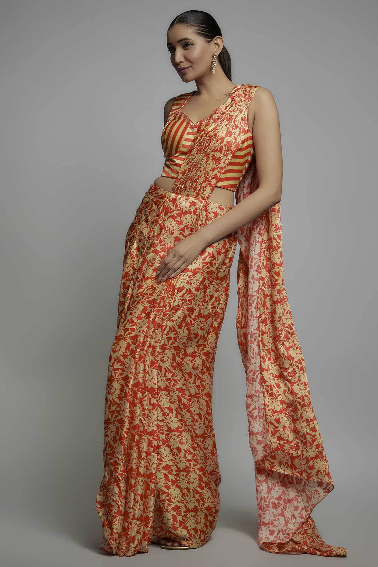 Red Chamois Satin Stripe Printed Pre-Stitched Wedding Saree Set by Yashodhara at Pernia's Pop Up Shop